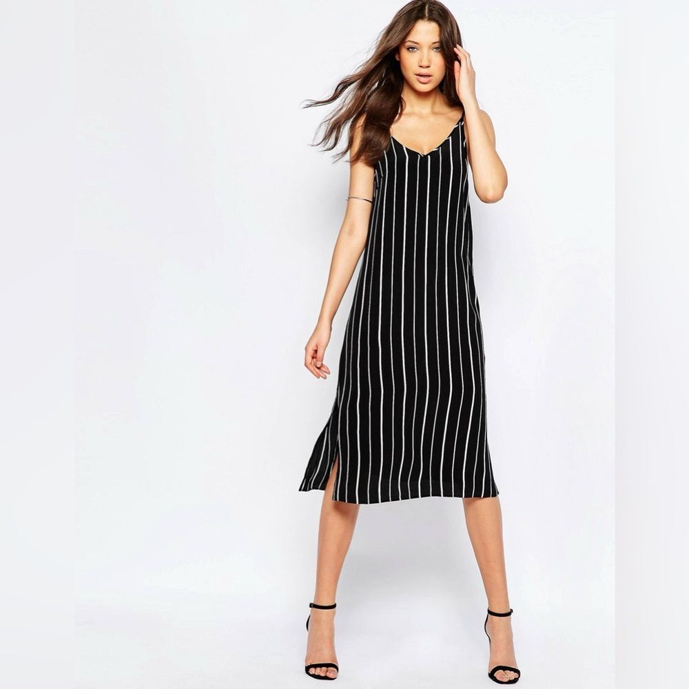 ASOS Cami Slip V Neckline Spaghetti Straps Side Slit Stripe Flowy Midi Dress 12